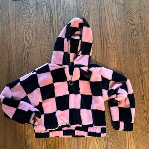 Forever 21 Pink and Black checkered thick fluffy hoodie jacket